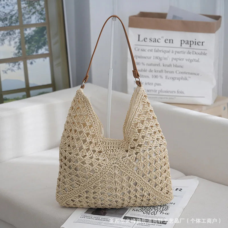 Borsa in paglia intrecciata traforata – straw hollow-out shoulder bag con tasca per smartphone, ideale per viaggio e shopping