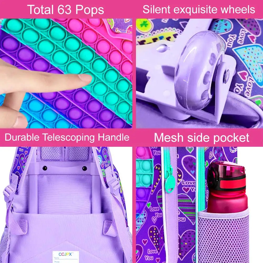 3PCS Rolling Backpack for Girls, Kids Roller Wheels Bookbag, Wheeled School Bag with Lunch Bag - Heart Purple