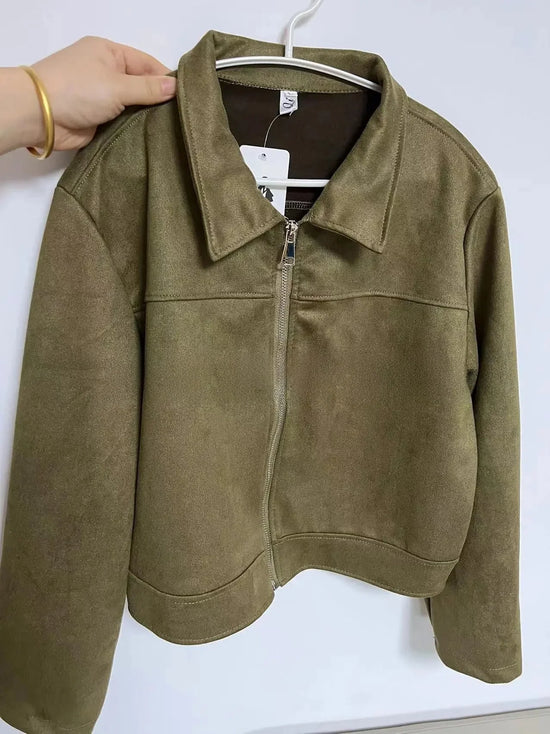 Giacca in pelle donna stile vintage – Giubbotto corto con zip, collo alla coreana, taglio slim fit, versatile e alla moda