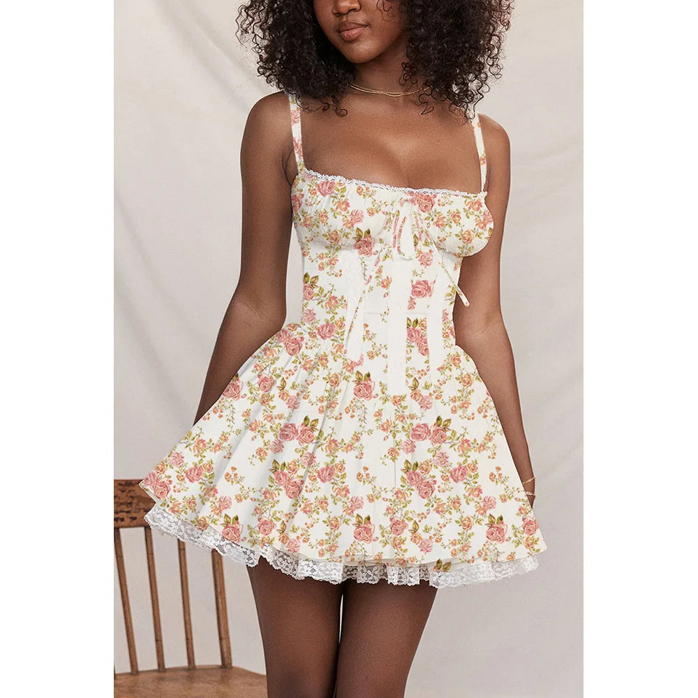 Mini Abito Corsetto in Pizzo Floreale – Estate 2025, Bianco/ Giallo/Rosso/Blu