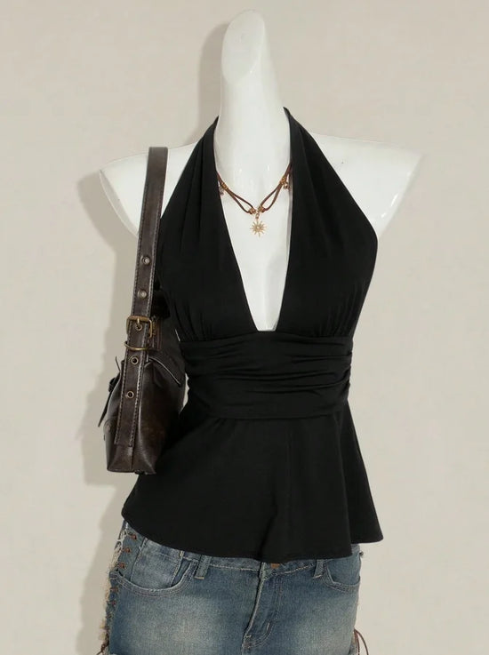 Women's Polka Dot Halter Top Sleeveless Deep V Neck Backless Tie Back Peplum Camisole for Summer