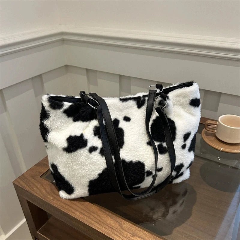 Borsa in Ecopelliccia Donna Animalier Mucca – Grande Capacità a spalla