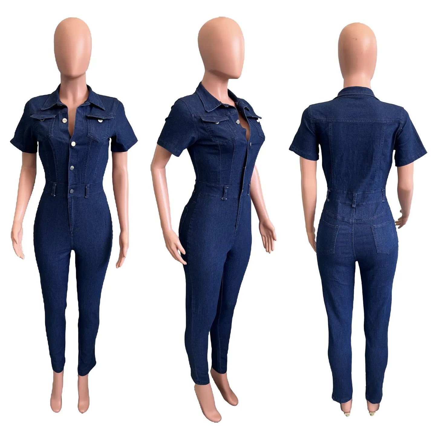 Jeans salopette skinny donna 2025 ‒ denim stretch blu con bottoni, jumpsuit casual con colletto a rever