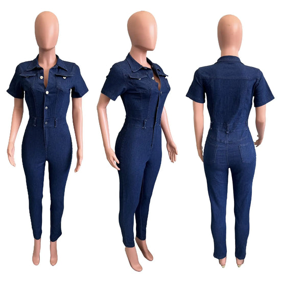 Jeans salopette skinny donna 2025 ‒ denim stretch blu con bottoni, jumpsuit casual con colletto a rever