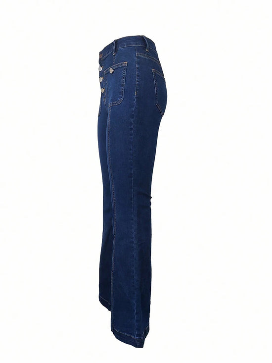 Jeans Donna Vita Alta a Zampa Slim in Denim Blu Scuro – Modello Lungo con Bottoni Multipli e Vestibilità Snellente