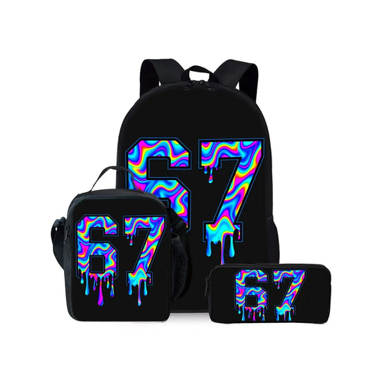 New Colorful Number 67 Print Three Piece Set Backpacks for Boy and Girls Best Gifts 2D Flat Cartoon School Bag for Children