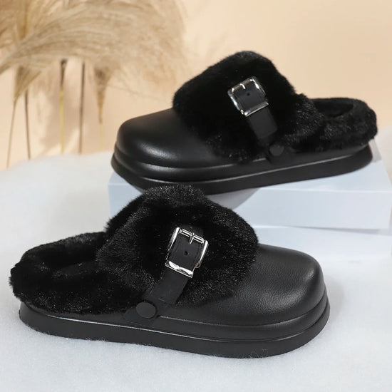 Women EVA Thick Sole Fur Slippers Closed Toe Fluffy Warm Home Slippers Woman Buckle Fashion Slip-on Cover Head Cotton Slippers