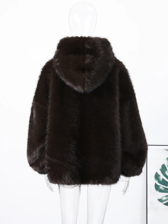 Felpa donna effetto pelliccia marrone con cappuccio