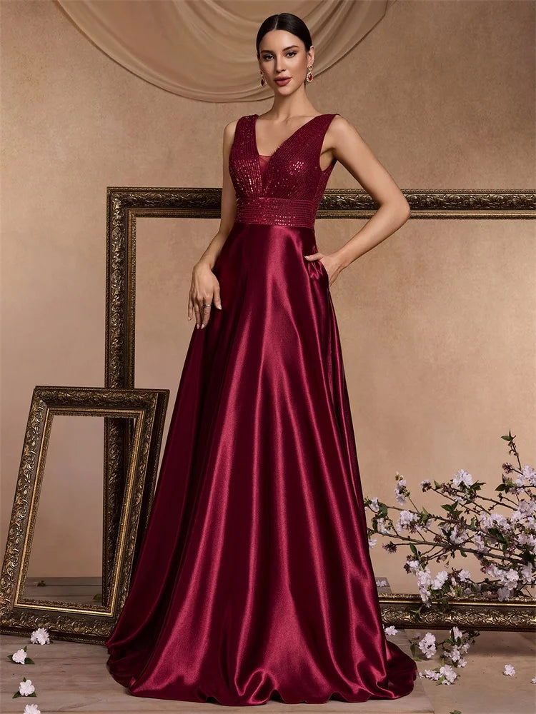 Abito Lungo Elegante Donna con Paillettes e Scollo V – Vestito Cerimonia Matrimonio