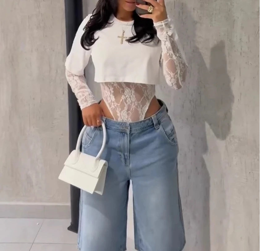 Body donna in pizzo a maniche lunghe, bianco o nero