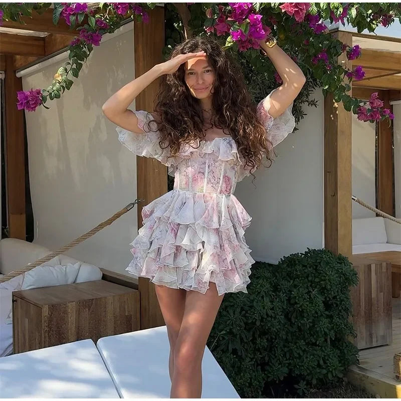 Vestito estivo mini chiffon floreale con scollatura profonda e maniche a palloncino – Abito da sera Fairycore 2025
