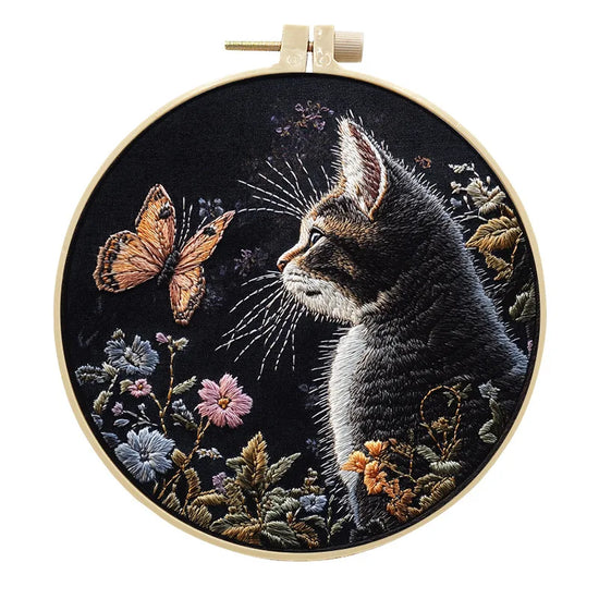 Kit Ricamo Gatto e Fiori – Set DIY Punto Croce per Principianti