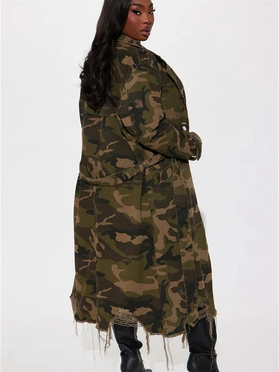 Trench camouflage oversize da donna | stile streetwear, lungo e ripped – taglie S-2XL