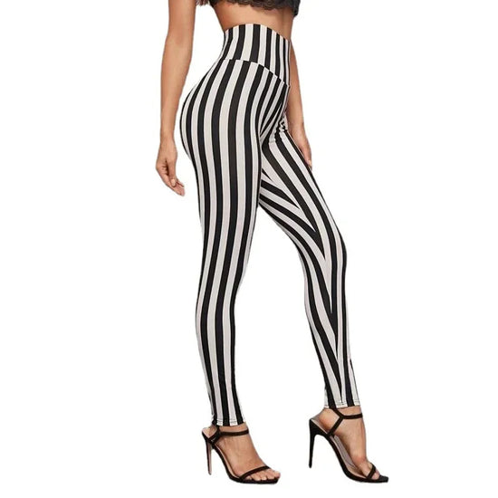 Lazada High-waisted Black White Striped Leggings Base Trousers Nine-point Shorts Southeast Asia Products Factory Direct Sales