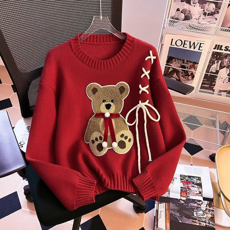 Pullover da donna – Maglione girocollo con orso, taglio loose knit autunno/inverno