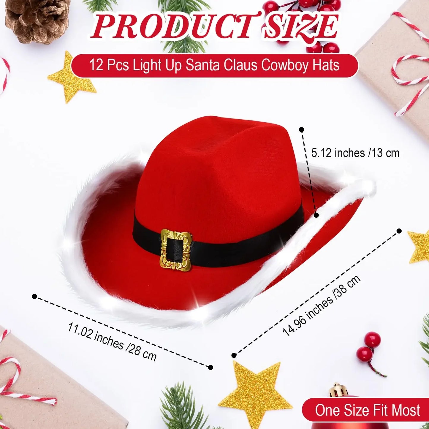 Cappello cowboy “Babbo Natale” rosso in feltro con tesa larga – floccato, unisex per festa western natalizia 2025