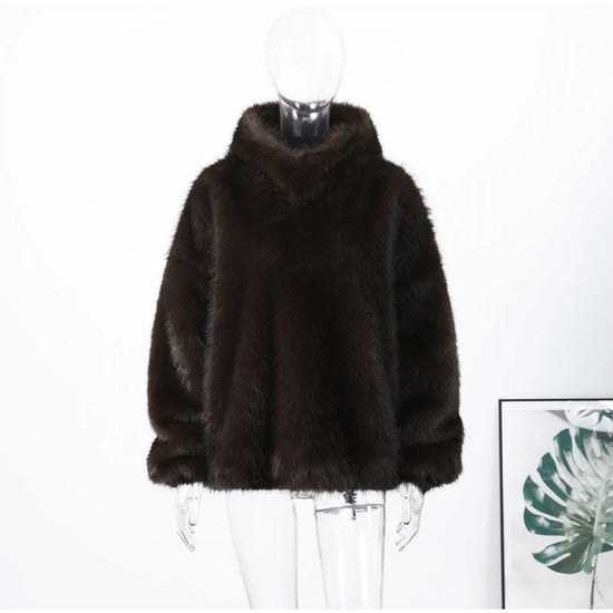 Felpa donna effetto pelliccia marrone con cappuccio
