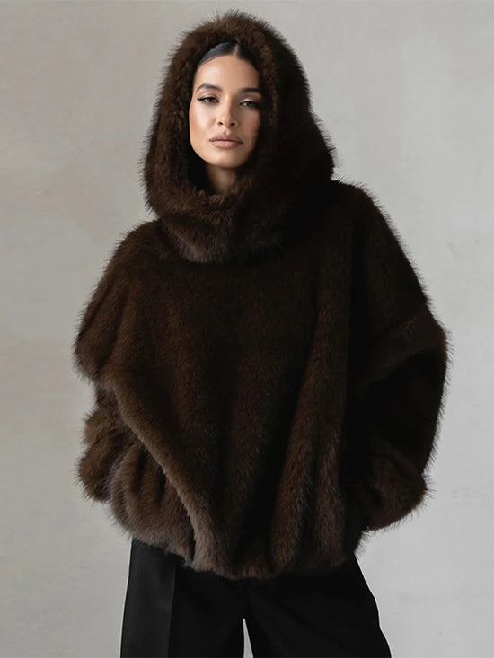 Felpa donna effetto pelliccia marrone con cappuccio