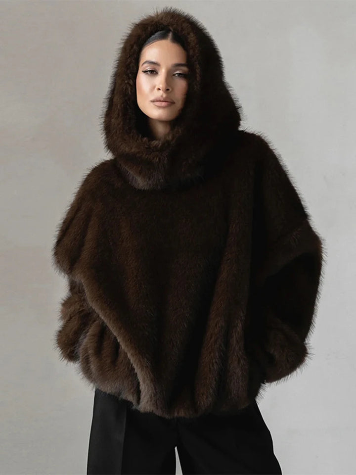 Felpa donna effetto pelliccia marrone con cappuccio