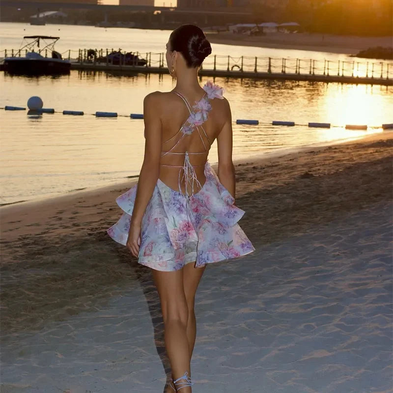 Vestito estivo mini chiffon floreale con scollatura profonda e maniche a palloncino – Abito da sera Fairycore 2025