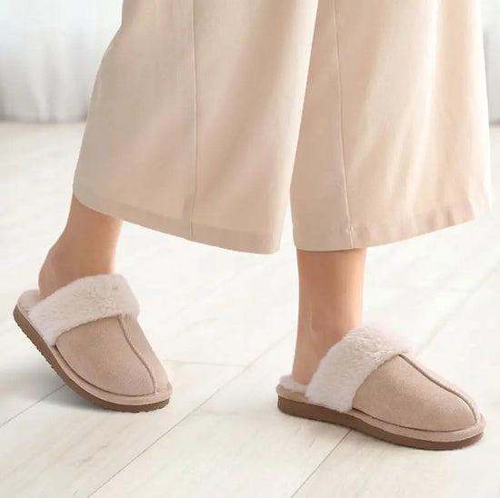 Ciabatte donna in pelliccia eco e suede – antiscivolo, indoor/outdoor, moda casa 2025