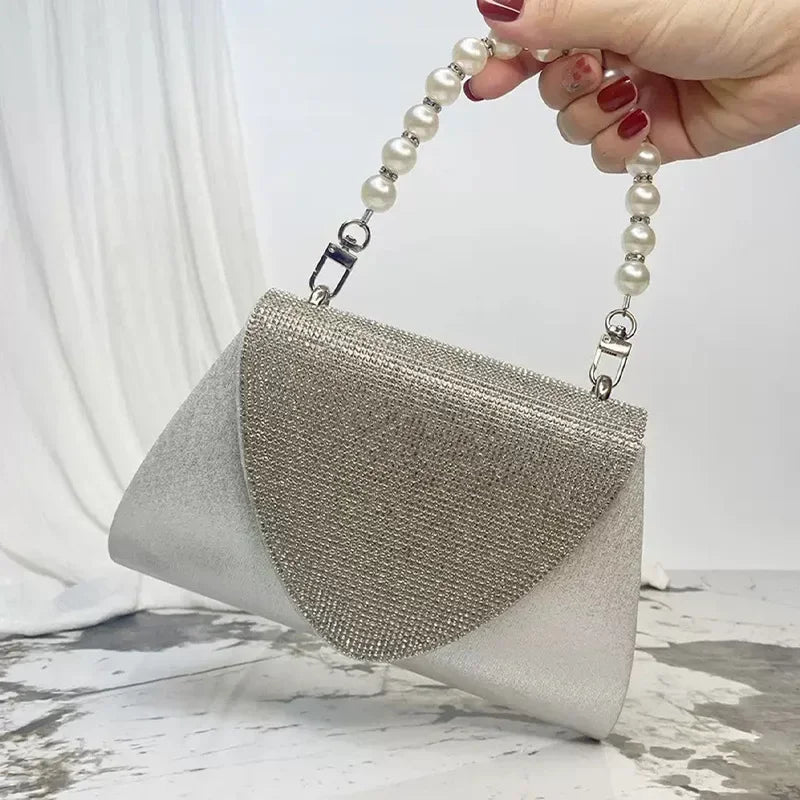 Clutch quadrata con perle e strass – Borsa da sera elegante per cocktail e matrimonio