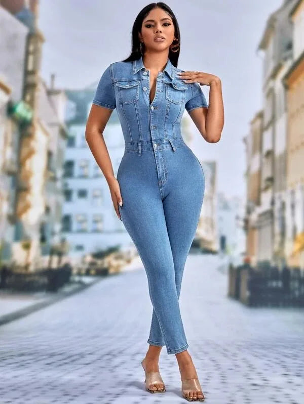 Jeans salopette skinny donna 2025 ‒ denim stretch blu con bottoni, jumpsuit casual con colletto a rever