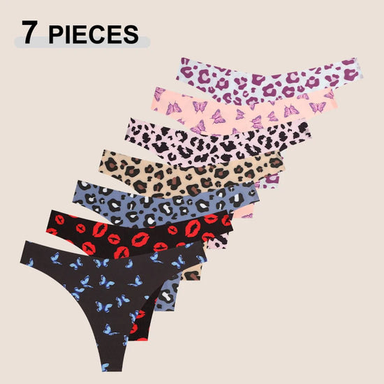 Set 7 pezzi perizomi donna in ice silk ultra sottile – G-string vita bassa con stampa farfalla/leopardato/frutta, lingerie comfort e sexy