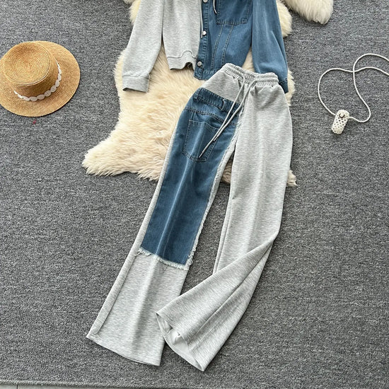 Set denim donna 2025 – completo felpa con cappuccio + pantaloni larghi elasticizzati, co-ord casual trendy