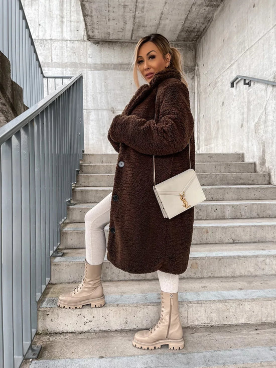 Cappotto lungo donna in fleece oversize 2025 – stile plus-size, caldo e raffinato per autunno/inverno