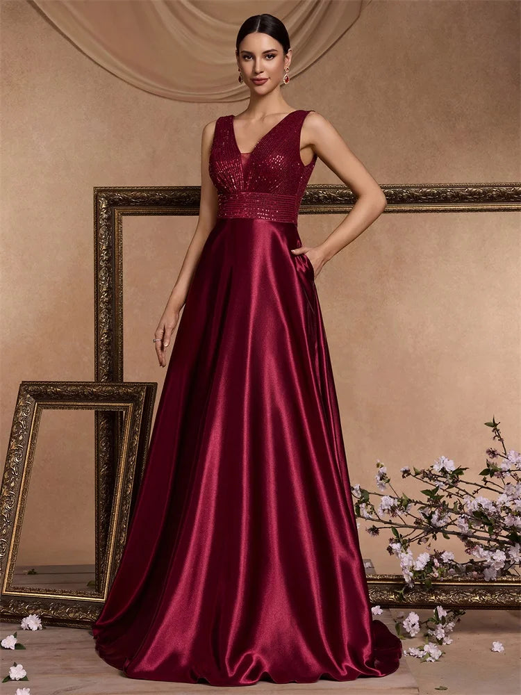 Abito Lungo Elegante Donna con Paillettes e Scollo V – Vestito Cerimonia Matrimonio
