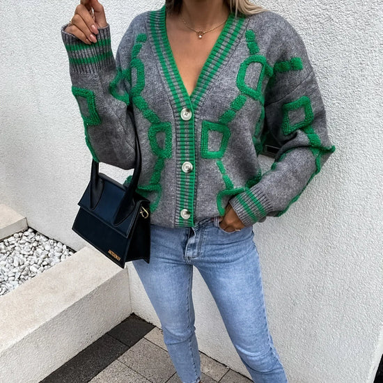 Cardigan lungo jacquard donna 2025 – Cappotto maglia jacquard con scollo a V, maniche lunghe e chiusura monopetto