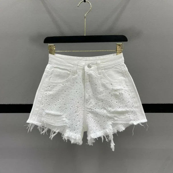 Shorts jeans donna strappati con strass – Vita alta estate 2025