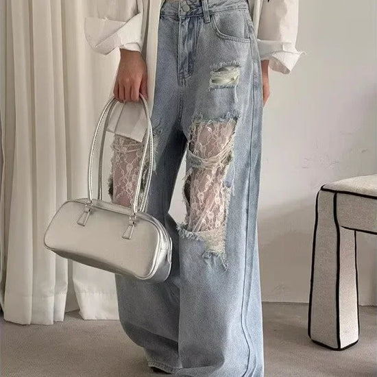 Jeans patchwork denim con inserti in pizzo – pantaloni larghi donna casual stile ribelle 2025