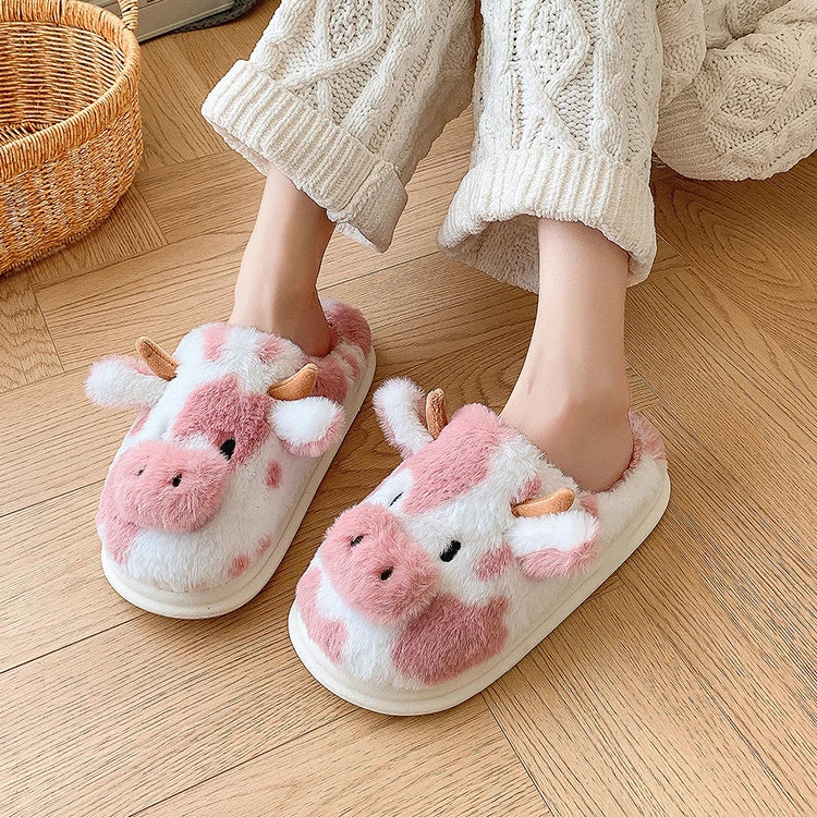Casual Fluffy Slippers Women House Cute Cartoon Cow Designer Shoes Girl Flat Fashion Elegant Plush Winter Platform Footwear Home