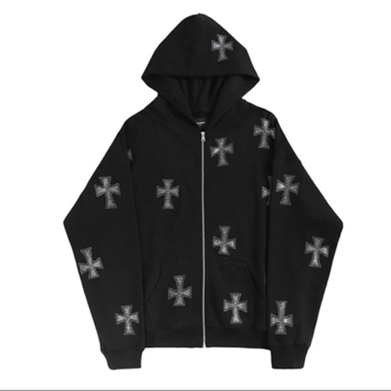 Felpa con cappuccio, zip e strass stile Y2K - Modello 617 nero (nz617-black)