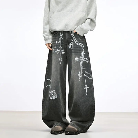 Jeans Baggy Unisex Neri con Stampa a Croce - immagine 1