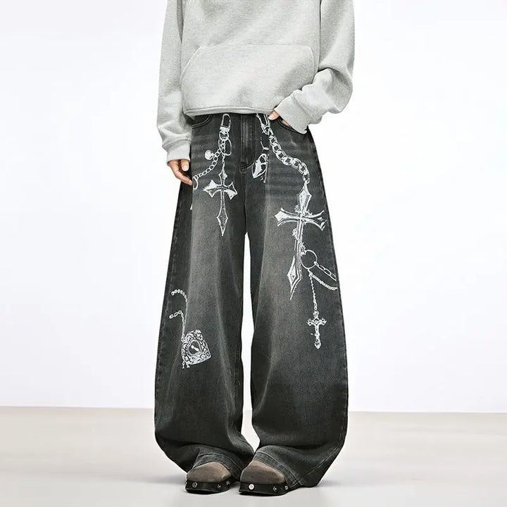 Jeans Baggy Unisex Neri con Stampa a Croce - immagine 1
