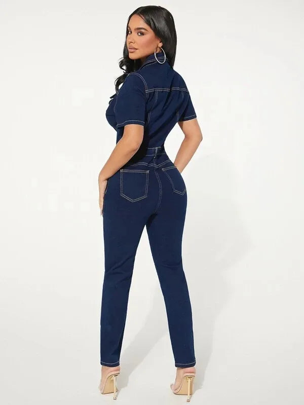 Jeans salopette skinny donna 2025 ‒ denim stretch blu con bottoni, jumpsuit casual con colletto a rever
