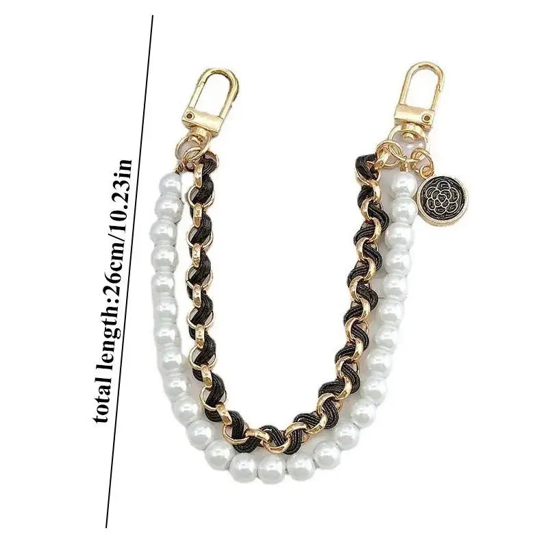 Portachiavi elegante doppio strato con perle + catena in pelle - accessorio fashion bag charm 2025