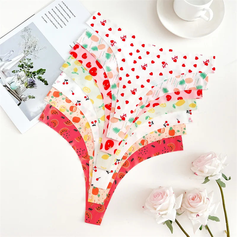 Set 7 pezzi perizomi donna in ice silk ultra sottile – G-string vita bassa con stampa farfalla/leopardato/frutta, lingerie comfort e sexy