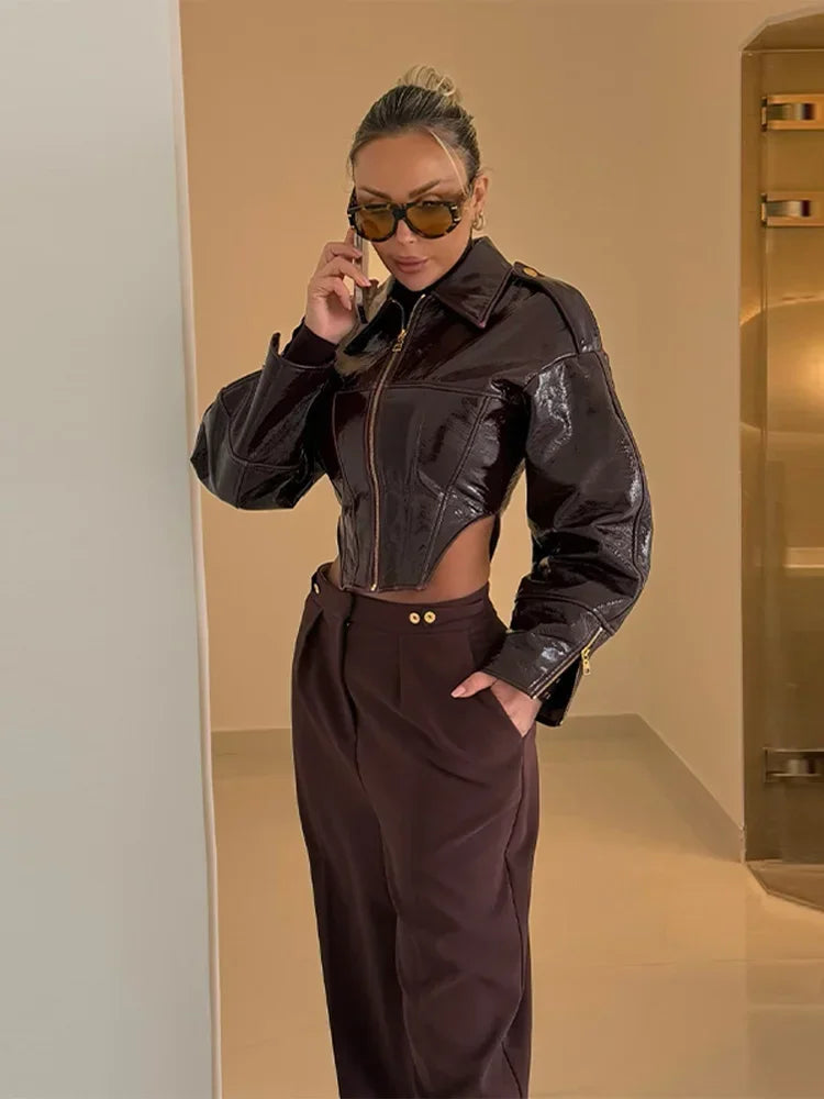 Giacca Biker Donna Effetto Pelle Lucida con Zip – Nero o Rosso
