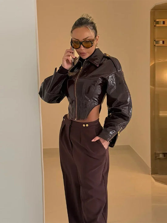 Giacca Biker Donna Effetto Pelle Lucida con Zip – Nero o Rosso