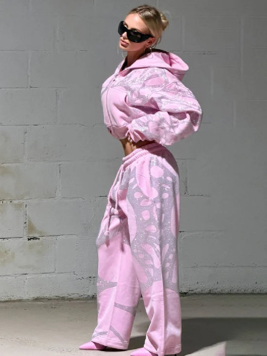 Completo donna con paillettes: felpa e pantaloni larghi - Rosa