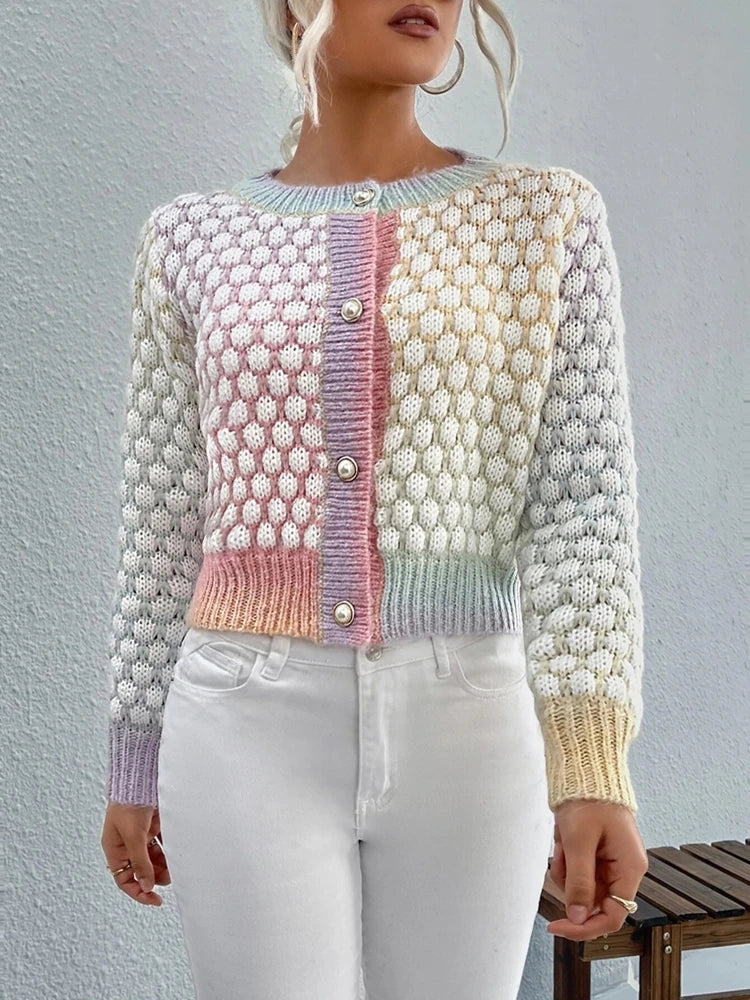 Cardigan donna gradient check a quadri – maglione elegante collo rotondo maniche lunghe per autunno/inverno