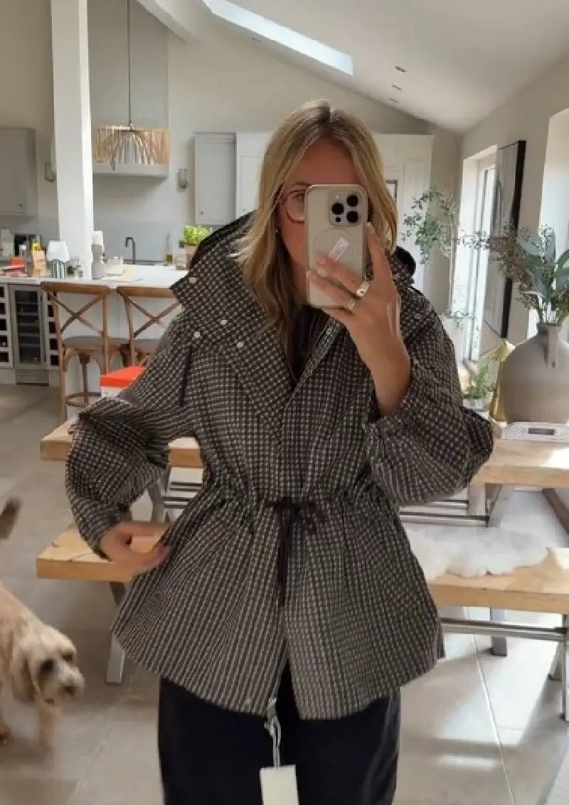 Giacca donna a quadri con cappuccio e zip