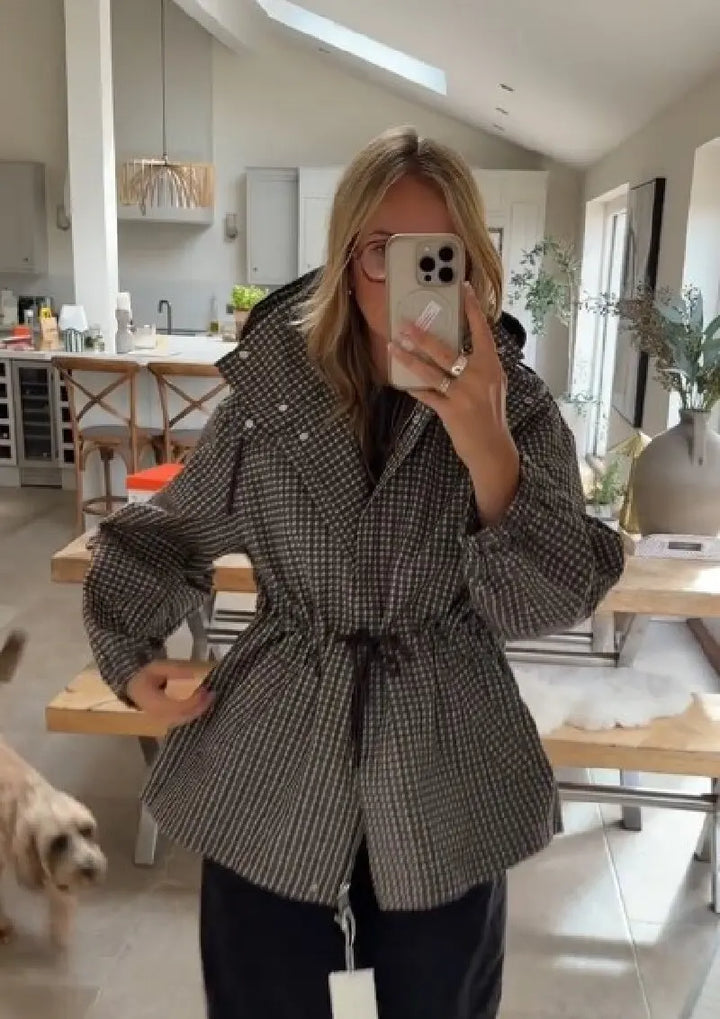 Giacca donna a quadri con cappuccio e zip