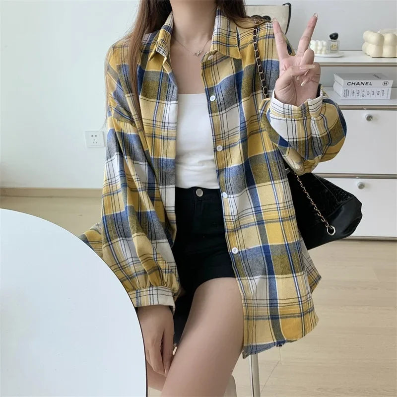 Camicia a quadri donna autunno 2025 – camicia manica lunga stile preppy vintage, taglio loose, single-breasted