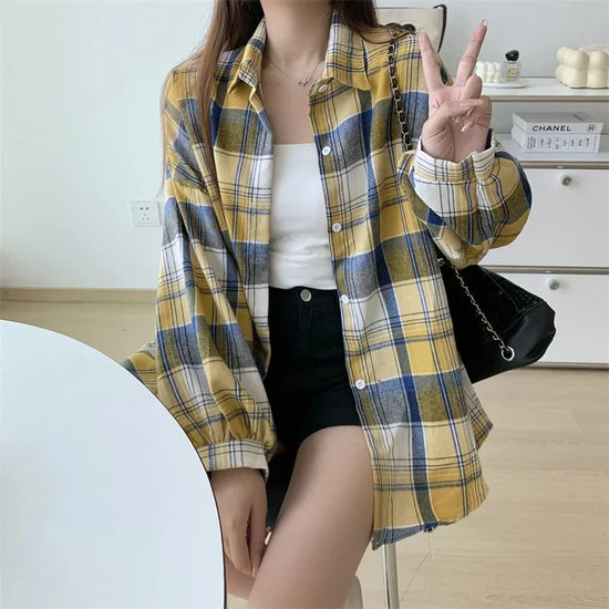 Camicia a quadri donna autunno 2025 – camicia manica lunga stile preppy vintage, taglio loose, single-breasted