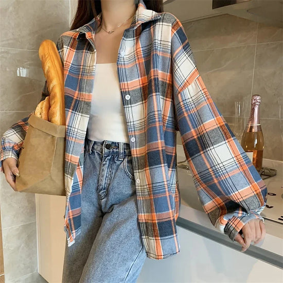 Camicia a quadri donna autunno 2025 – camicia manica lunga stile preppy vintage, taglio loose, single-breasted